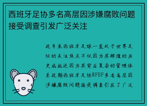 西班牙足协多名高层因涉嫌腐败问题接受调查引发广泛关注 西班牙足协多名高层因涉嫌腐败问题接受调查引发广泛关注