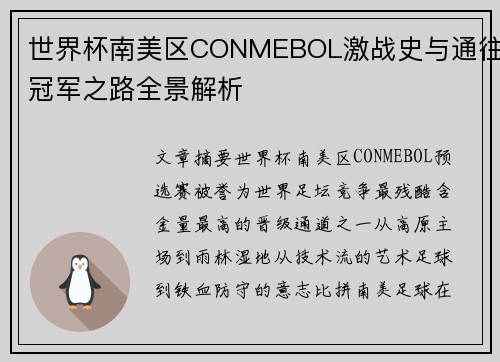 世界杯南美区CONMEBOL激战史与通往冠军之路全景解析 世界杯南美区CONMEBOL激战史与通往冠军之路全景解析