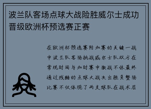 波兰队客场点球大战险胜威尔士成功晋级欧洲杯预选赛正赛 波兰队客场点球大战险胜威尔士成功晋级欧洲杯预选赛正赛